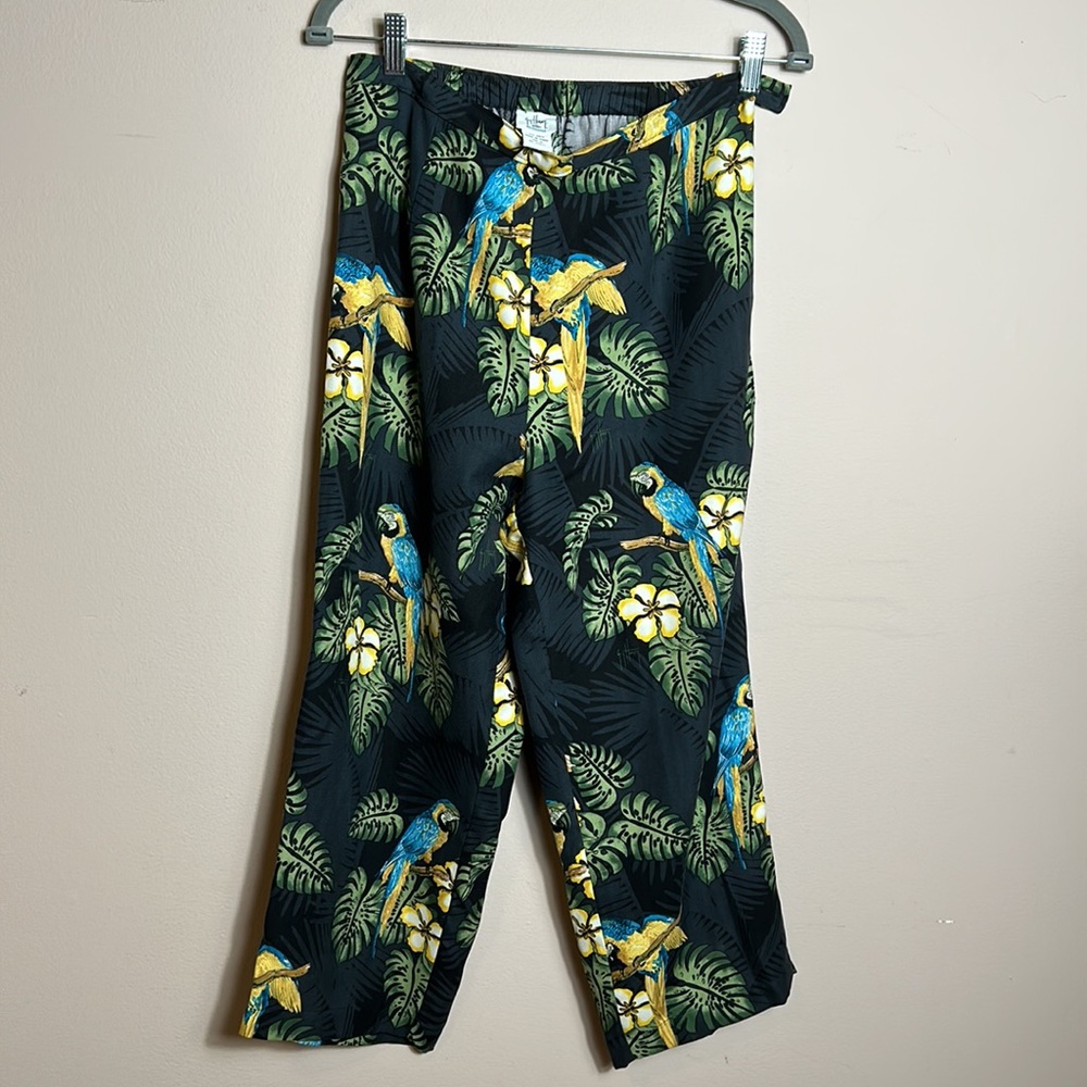 Silk Guy Harvey AFTCO Bluewater Wear Hawaiian Pants Parrot Birds M Black Green